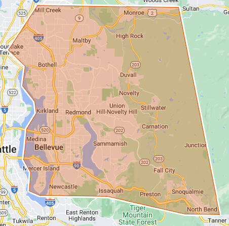 Lake Washington Garage Door service area map covering Bellevue, Kirkland, Redmond, Sammamish, Issaquah and surrounding areas